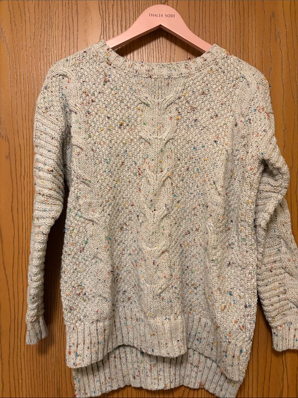 Cream Speckled Cable-Front Crewneck Sweater